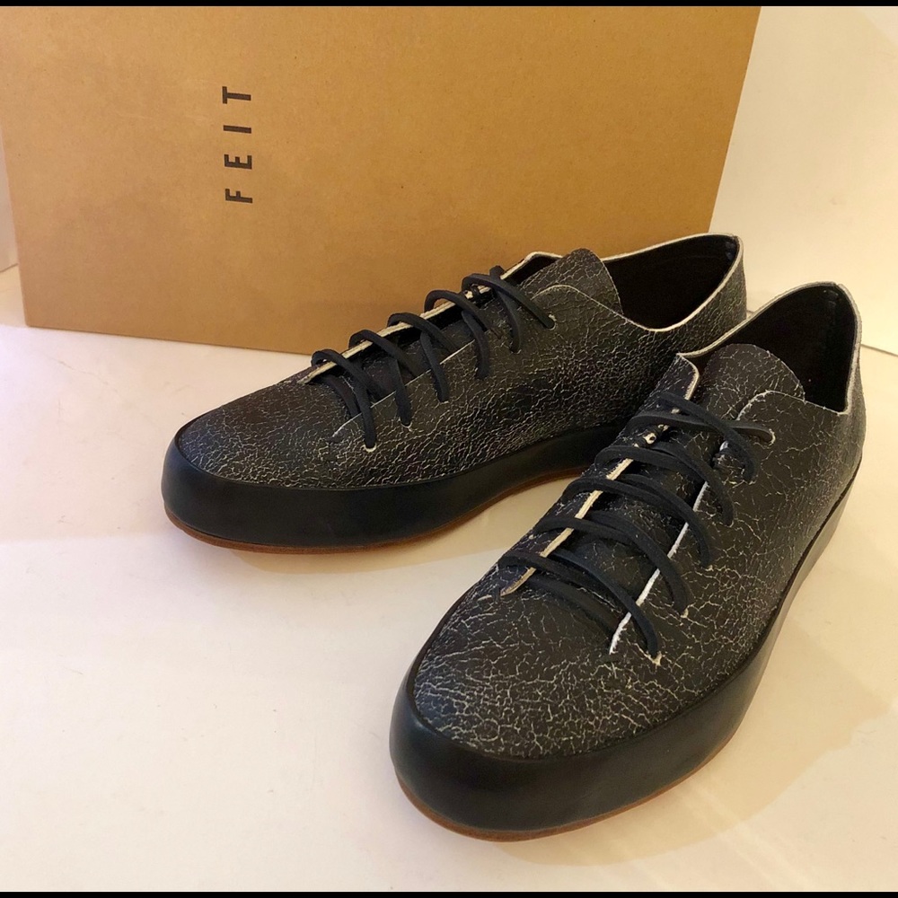 FEIT Hand Sewn Low Black Crackle Leather Sz EU 39 - Picture 1 of 9